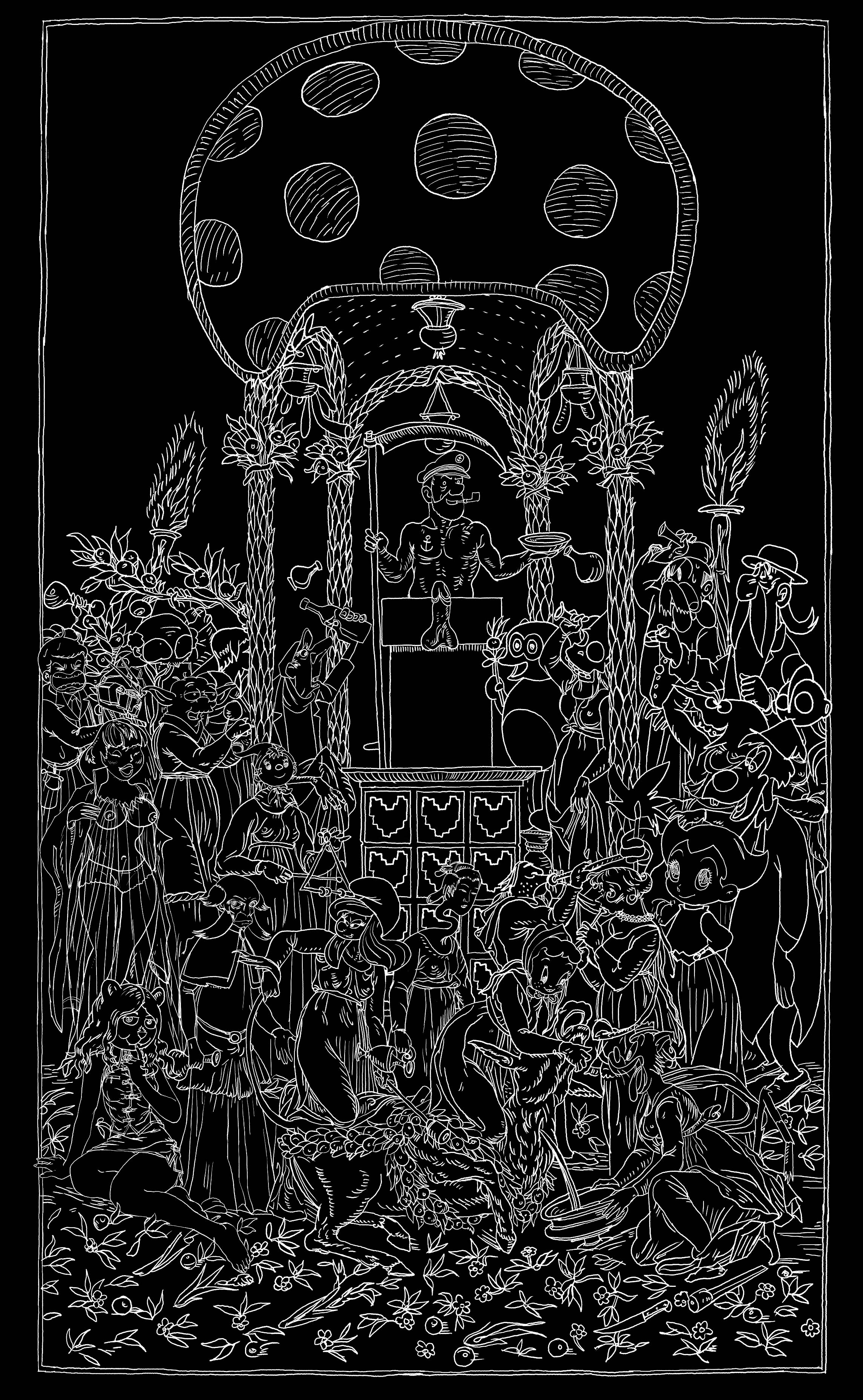 Nicolas Buffe - 2007---09 - Hypnerotomachies - priape, 74 x 160 cm, ink on panel